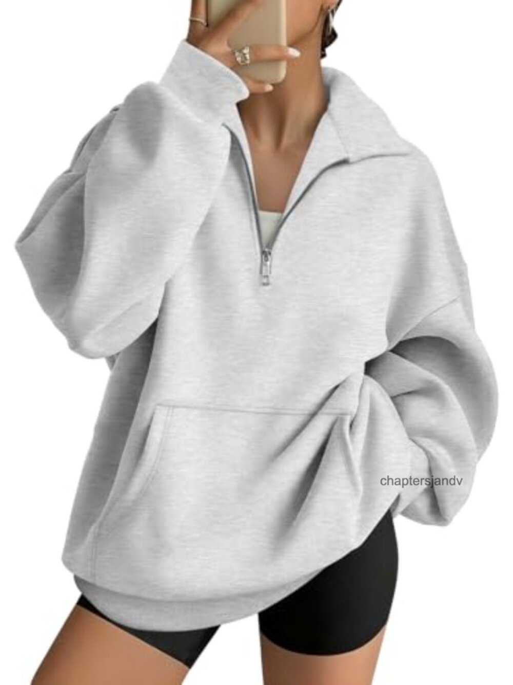 Womens Quarter Zip Pullover Oversized Crewneck Sweatshirt Cotton Polyester Long